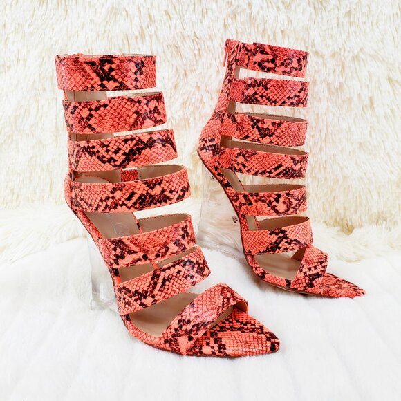 Coral Orange Snake Sexy  4" clear Wedge shoes - Picture 9 of 16